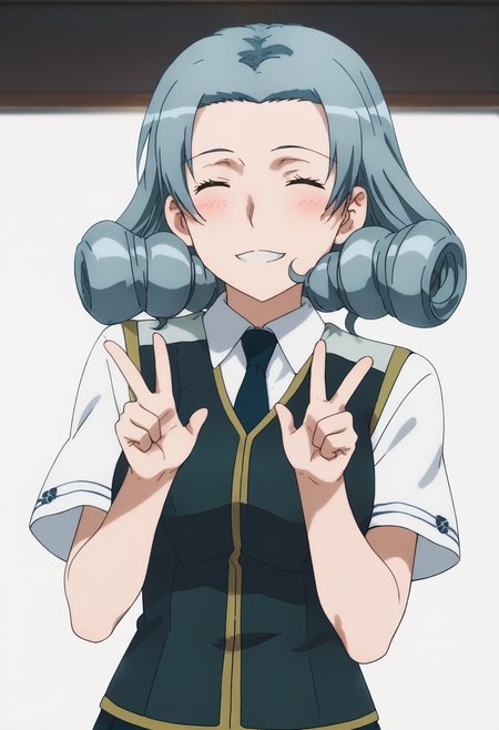 score_9, score_8_up, score_7_up, source_anime, BREAK white background, 1girl, solo,  <lora:DX888Touka:1> hio touka, brown eyes,necktie, school uniform, skirt, closed eyes, v pose, smile, blush,