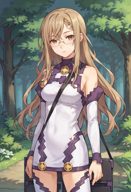 score_9,score_8_up,score_7_up,score_6_up,score_5_up,score_4_up,anime coloring,source_anime,<lora:Ardylia_Summon_Night_3_Pony:0.7>,ardylia,1girl,solo,brown eyes,glasses,long hair,brown hair,forehead ornament,shoulder tattoo,sleeveless dress,detached sleeves,thigh boots,shoulder bag,standing,outdoors,forest,