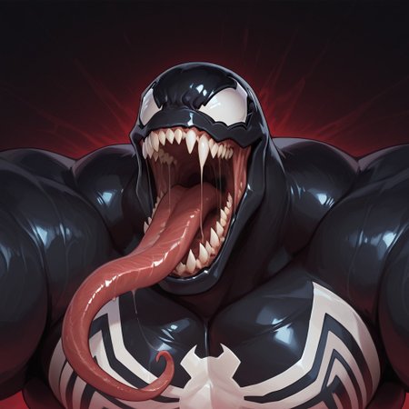 masterpiece, best quality, amazing quality, null-ghost, 1boy, solo, Venom, bara, sharp teeth, long tongue, open mouth, close up, 
