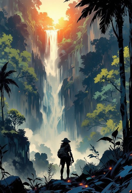 In the style of ff-td, Mh1$AgThS2, intricate linework with expressive contrasts, soft lighting with dynamic highlights, BREAK, tropical rainforest, a female explorer standing in the foreground, looking up at an enormous waterfall, tall jungle trees and shrubs, silhouetted, sunset