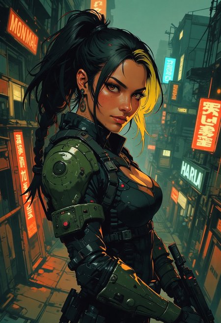 magnificent, closeup portrait, female bounty hunter, braided black hair, two tone hair, blonde highlights in hair, futuristic armor, sci-fi, sleek armored bodysuit, shoulder plates, hip plates, sexy, curvy, large breasts, large ass, rifle, aiming rifle, pointing rifle, Cyberpunk City, Neon Lights, foreshortening,
looking at viewer, solo, smirk, cocky smirk, godrays, raytracing, 
Cowboy Shot, close up, from above,