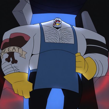 score_9, score_8_up, score_8, BREAK absurdres, 4k, 8k, masterpiece, Greg, muscular male, 1boy, solo, large muscles, apron, red eyes, scars, tattoos, facial hair, chest hair, gloves, pants, massive pectorals, looking down, looming over viewer, teeth, smiling, grin, dynamic angle, dynamic pose