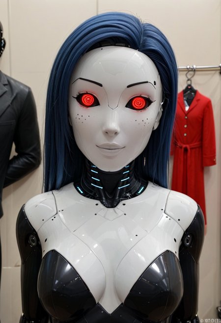A 35mm photo a woman, she is a humanoid robots , robotic body, vibrant green robotic eyes, freckles, smooth featureless silver grey robotic skin, robotic aerials, metallic dark blue hair, elegant red Christmas satin dress with white fur trim, 
mannequin, faceless, egghead, noface, cyborg, TheFaceLess, Zorii-pxl, Zorii Bliss, faceless