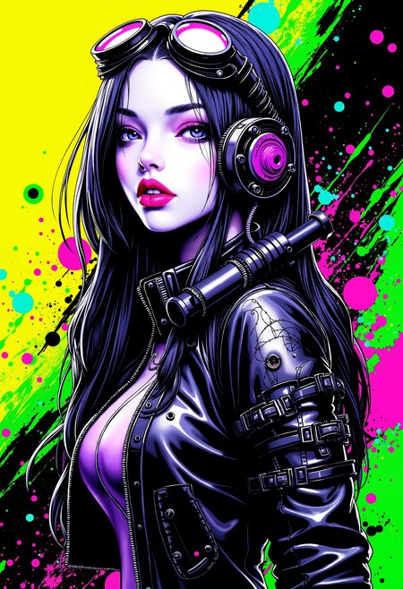 bo-neon, a digital illustration in a vibrant, cyberpunk style, it features a woman with a pale, almost translucent complexion, reminiscent of a futuristic or sci-fi character, she has long, flowing hair that is adorned with intricate, mechanical elements, including a large, circular headpiece and a pair of goggles, her eyes are large and expressive, with a hint of purple, and her lips are full and slightly parted, she is wearing a form-fitting, metallic jacket that appears to be made of a mix of leather and metal, with visible seams and textures, the background is a gradient of bright yellow and black, with splashes of green and blue, creating a chaotic, abstract pattern, the overall color palette is dominated by bold, contrasting hues, with the woman's face and hair standing out against the dark background, the illustration is highly detailed, with sharp lines, splashes, and splatters that create a sense of movement and energy, the style is reminiscent of high-end digital art, blending elements of science fiction and fantasy, high quality, ultra detailed, colorful, abstract, abyss fantasy.<lora:Flux\boFLUX Neon Abyss.safetensors:1.0:1.0>
