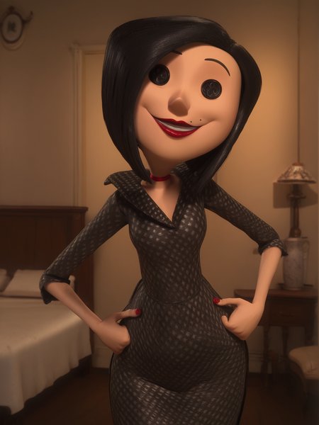 <lora:Other_Mother-Coraline:1>,otm,button eyes,1girl,black hair,mole,mole under mouth,lipstick,mature female,black dress,cowboy shot,hands on own hips,smile,looking at viewer,indoors