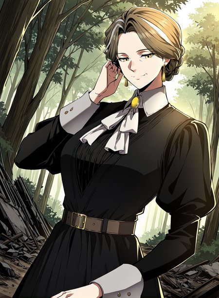 <lora:Wilbeck__The_Beginning_After_the_End__Illustrious:1>
Wilbeck, 1 girl, solo, mature woman, yellow eyes, brown medium hair, silver streaks, side-parted, braided updo,
black victorian dress, white cravat, wide cuffs, waist belt, gold earrings, formal outfit
score_9, score_8_up, score_7_up, very aesthetic, source_anime, detailed, high quality, beautiful, masterpiece, detailed eyes, forest, tree, ruins, cowboy shot, dynamic angle, upper body, light smile, dynamic pose
