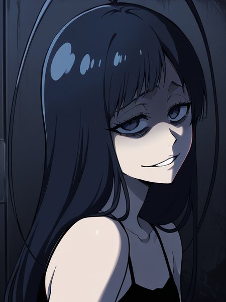 score_9, score_8_up, score_7_up,  
1boy, androgynous, giselle gewelle, blue eyes, black hair, long hair, antenna hair,
black camisole, upper body, looking at viewer, narrowed eyes, shaded eyes, bags under eyes, parted lips, evil smile, 
