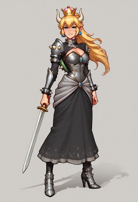 Beauty Bowsette from Super Mario, pale skin, slim stomach, long hair, ultra detailed beauty faces, full body, action pose, big brightness blue eyes,
(((full-clothed medieval spikes armor))), ((long sword in hands, steel sword in hands)), medieval style
BREAK 
strange world background score_9, score_8_up, score_7_up, score_6_up, source_cartoon, rating_explicit, Expressiveh, (((((portrait, close up))))), dynamic pose