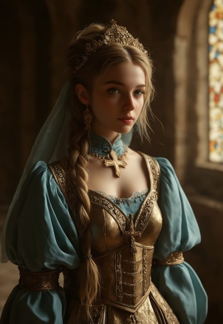 masterpiece,best quality, highly detailed, score_9, score_8_up, score_7_up, score_6_up, score_5_up, score_4_up, Expressiveh,
1woman, female knight standing tall in front of an ancient, grand cathedral. The environment feels medieval and majestic, with weathered stone walls etched with centuries of history. The knight is clad in highly polished, gleaming silver armor with ornate gold trimming along the edges, Her breastplate features a large blue and gold cross, symbolizing her holy order. She wears a royal blue gown with puffed sleeves under her armor, with delicate gold accents and embroidery. Her golden blonde hair is tied into a long braid, with a few strands framing her face. The sunlight casts a faint halo around her, creating a divine aura. The gothic cathedral in the background towers with sharp spires and intricate stonework, its stained glass windows casting faint hues across the stone. 
 <lora:Dynamic Poses:1>
 <lora:detailed_notrigger:1>
(((full clothed))), ((detailed random background))
