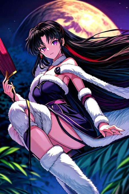 masterpiece,  best quality 1girl Setsun4 solo long hair,  (night time) forest background black hair very long hair purple eyes multicolored hair armor (fur trim) (medium body),<lora:EMS-179-EMS:0.800000>,<lora:EMS-293862-EMS:0.800000> cleavage, bracers, cape, fur boots