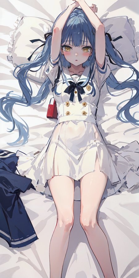 masterpiece,absurdres,lying on bed,
eye_contact,
<lora:char-mygo_ä¸°å·ç¥¥å­togawa_sakiko_bangdreamitsmygo:0.6>,togawa_sakiko_bangdreamitsmygo,äºº-mygo-mygo_ä¸°å·ç¥¥å­togawa_sakiko_bangdreamitsmygo,
long_hair,bangs,ribbon,hair_ribbon,black_ribbon,white_dress,yellow_eyes,Reach out to viewer,(miniskirt:0.7),sidelocks,blue_hair,
from_above,legs,
blush,parted lips,shy,, masterpiece, best quality,absurdres,1girl,solo,front view,white background,looking_at_viewer,eye contact,