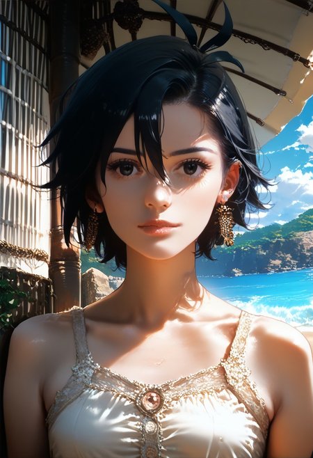 score_9, score_8_up, score_7_up, score_6_up, source_anime, <lora:Worldly_XL:1.25> <lora:AIU 0.3v:1.1> detailerlora, sunlight, ocean, waves, clouds, nature, 1girl, solo, Kikuchi Makoto at the beach, <lora:KikuchiMakoto_pony_v1:0.9> kkcmkt, short hair, black hair, antenna hair, hair between eyes, black eyes, flat chest, small breasts, Score_PnyReal, <lora:StS_PonyXL_Detail_Slider_v1.2:5>