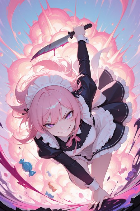 embedding:lazympos, 1girl, CivChan, purple eyes, pink hair, maid outfit, freefall, inksplat, pastel colors, holding knife, candy, explosion, abstract, demented, evil grin, ink_splash, cinematic <lora:TrendCraft_The_Peoples_Style_Detailer-v1.0A-3_13_2025-illustrious:0.2> <lora:CivChan:0.2>