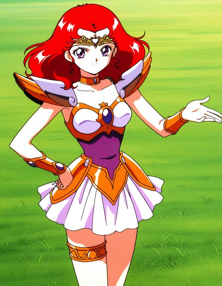 general,highres, ultra-detailed,very aesthetic,best quality ,best hands,  BREAK <lora:Scarlett_ohara_IS:1> Scarlett_ohara, 1girl,solo, red hair, long hair, purple eyes, breasts, 1990s (style), anime coloring, 
 choker, armor, 1990s (style), skirt, hand on hip, smile, tiara, jewelry, magical girl, thighlet, white skirt, miniskirt, thigh strap, armored dress, bracer, shoulder armor, blue eyes, looking at viewer, short hair, pauldrons, cowboy shot,
day, say,  grass,