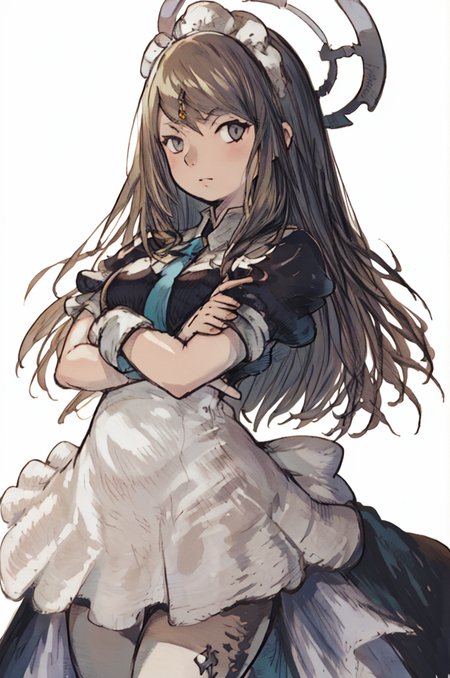 (Yoshida_Akihiko_PonyXL_style_v02.10.01), solo, 1girl, pink halo, Karin_(Blue_Archive), maid uniform, halo, holing skirt, blue tie, white gloves, white pantyhose, crossed arms, golden eyes, golden eyes, bright eyes, yellow eyes, glow eyes, maid headress, white background, (Bravely Default Style), yoshida akihiko, <lora:pony\char\game\ba\Kakudate_Karin_Pony-10.safetensors>, <lora:pony\style\Yoshida_Akihiko_PonyXL_style_v02.10.01.safetensors>, <lora:styles\yoshida_akihiko_offset.safetensors>, <lora:styles\BravelyDefault.safetensors>, <checkpoint:[Pony] duchaitenPonyXLNo_v35.safetensors>, <checkpoint:[SD15] tfmCutesyAnime2_genesis.safetensors>