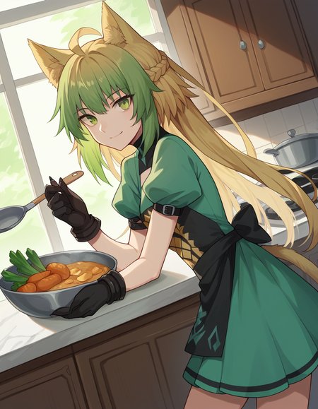 score_9, score_8_up, score_7_up, source_anime, <lora:fgo-atalanta-ponyxl-lora-nochekaiser:1>, atalanta, animal ears, blonde hair, cat ears, cat girl, cat tail, green eyes, green hair, hair between eyes, long hair, multicolored hair, tail,, black gloves, gloves, skirt, dress, green dress, short sleeves, puffy sleeves, juliet sleeves, short skirt, green skirt,, kitchen, cooking, apron, cutting vegetables, home cooking, smile, looking at viewer, arm resting on table, solo,, cowboy shot, dutch angle