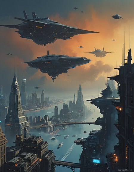 Ship in foreground flying over a futuristic city, panoramic view, (John Harris, John Berkey) night, fog, intricate environment, high contrast, hyperrealistic detail <lora:epi_noiseoffset2:1> <lora:add-detail-xl:1>