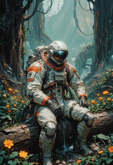 Astronaut in a futuristic orange and white spacesuit sitting on a log in a lush alien forest. The forest is filled with vibrant green plants and glowing yellow flowers, softly illuminated by diffused ambient light. The atmosphere feels peaceful, blending the advanced technology of the astronaut with the untouched beauty of nature. Background trees fade into a subtle mist, adding depth and mystery to the composition