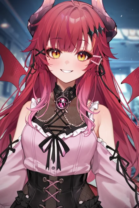 score_9_up, score_8_up, score_7_up, score_6_up, 1girl, (SudaYoruka:1), evil smile, dragon horns, dragon wings, mini wings, 
posing, pink shirt, 
cowboy shot, 
looking_at_viewer, dynamic_angle, dutch angle, cinematic_angle, <lora:SudaYorukaXL_autismmixPony2:1>, masterpiece, newest, absurdres, rating_safe, sfw
