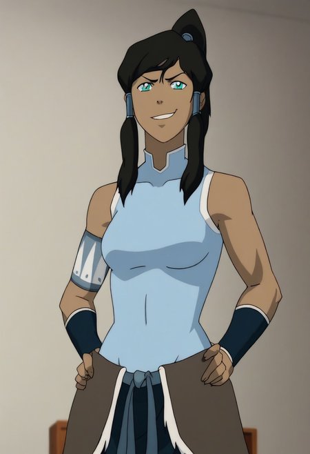 cowboy shot, <lora:modern_anime_screencap_v1_0:0.45> anime screencap, (highres, best quality), zPDXL, <lora:Pony_DetailV2.0:0.5> <lora:t10m1n-000031:1> t10m1n, 1girl, dark-skinned female, aqua eyes, sidelocks, hair tubes, high ponytail, notched_collar, female focus, looking at viewer, parted lips, smirk, standing, hand on hip, curvy, breasts, classic_attire, sleeveless, armlet, bracers, waist_pelt, megami monthly magazine, white background,