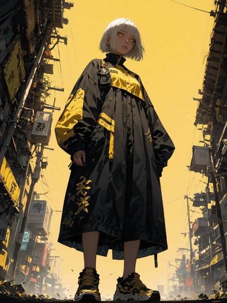 score_9, score_8_up, score_7_up,
illustration-style is yoshitaka amano, digital art.
2.5d,
1girl, 20 years old,
white hair, bob cut.
yellow background,
yellow color grading.
shoot from below, full body,
<lora:Style-Hyper-SDXL-12steps-CFG-lora:0.5>
<lora:add_brightness_XL:0.>
<lora:add_contrast_XL:0.>
<lora:add_outline_XL:0.1>
<lora:add_saturation_XL:0.> 
<lora:Sinozick_Style_XL_Pony:0.4> sinozick style, dark theme 
<lora:MythAnim3Style:0.6> mythan1m3