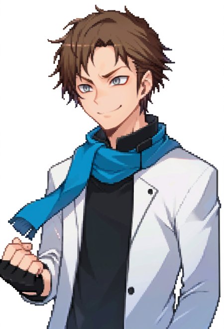 score_9, score_7_up, source_anime, (solo:1.3), BREAK  <lora:zs_DevilSurvivorPortraitsXL:1> devilsurvivorportraits, portraits, white background, 1boy, grey eyes, brown hair, very short hair, teal scarf, black shirt, white jacket, open jacket, single fingerless glove, jeans, light smile, male focus,
