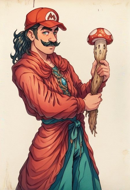 score_9, score_8_up, score_7_up, oblivionarts, mario the plumber, red hat, red outfit, thick mustache, dark hair, large nose, holding mushroom, simple background, traditional art, medieval aesthetic,