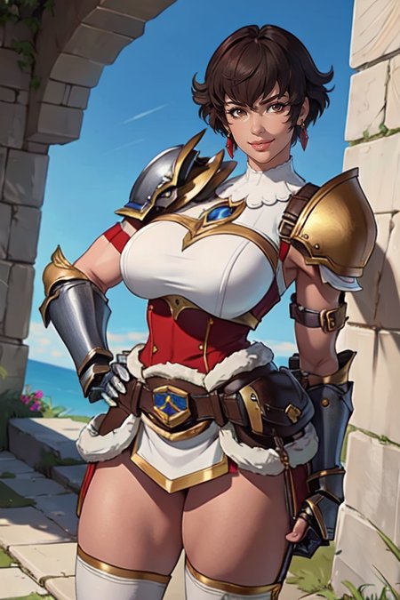 masterpiece,best quality,extreme detail,8k,white background,<lora:fiorayne:0.6>,fiorayne,1girl,solo,breasts,looking at viewer,smile,short hair,bangs,large breasts,brown hair,thighhighs,hair between eyes,brown eyes,jewelry,standing,earrings,belt,armor,blurry,lips,hand on hip,shoulder armor,gauntlets,pauldrons,tabard,dangle earrings,