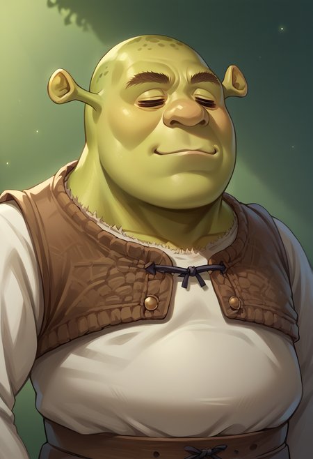 score_9, score_8_up, source_anime, 1boy, solo, =w=, :3, = =, eyes closed,  shrek, green skin, <lora:ChamElfExpressionPonyXL:1.2>, <lora:Shrek_XLPD:0.8>