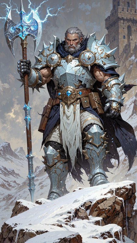 In the heart of a desolate, windswept tundra, where the snow falls in endless sheets and the air is sharp with the bite of frost, a lone figure trudges through the icy expanse. He is a **Frost-Born**, a warrior whose very essence is intertwined with the cold. His towering frame is clad in armor forged from ice and steel, each plate shimmering with an iridescent sheen of blue and silver. His eyes, a piercing shade of glacial blue, burn with an intensity that speaks of centuries of survival in the harshest of environments. His face is rugged and scarred, with a strong jawline and a nose that bears the faintest hint of frostbite. His expression is one of grim determination, his lips set in a hard line as he grips a massive, two-handed axe, its blade glowing faintly with a cold, blue light.
His armor is a masterpiece of both craftsmanship and elemental blessing. The pauldrons are shaped like jagged ice shards, their edges glinting in the dim light. His chest plate is adorned with the symbol of a snowflake, surrounded by a circle of runes that pulse faintly with a blue light. His gauntlets are reinforced with steel, their surfaces etched with patterns of swirling snow, and his boots are heavy and solid, designed to anchor him against the fiercest blizzards. Around his waist, a belt of dark leather holds an array of small pouches filled with herbs, tools, and other survival gear. In his hands, he carries a massive, two-handed axe, its head forged from a metal that seems to hum with latent power. The haft is wrapped in leather, worn smooth by years of use, and the pommel is shaped like a snowflake, its surface crackling with faint sparks of frost.
His cloak, a deep, midnight blue fabric edged with silver thread, billows behind him in the wind, the edges frayed and scorched as if it has weathered the fury of countless storms. Beneath the armor, his body is a testament to his strength and endurance, his muscles coiled like springs, ready to unleash devastating force at a momentâs notice. His hair, a wild mane of silver streaked with black, is whipped into a frenzy by the wind, adding to his air of untamed power. Around his neck, he wears a pendant of polished sapphire, its surface etched with the symbol of a snowflake, a reminder of his elemental calling.
The Frost-Born stands atop a rocky outcrop, the wind and snow lashing at his form as he raises his axe to the sky. The tundra stretches out before him, a sea of white that ripples like waves under the relentless wind. In the distance, the faint outline of an ancient fortress rises from the snow, its stone walls weathered and cracked, yet still standing as a testament to the resilience of those who built it. The sky above is a vast expanse of gray, broken only by the occasional wisp of cloud, and the snow falls in endless sheets, casting a blanket of silence over the land.
In his hand, the axe crackles with energy, the runes along its surface flaring to life as he channels the power of the frost into the weapon. His eyes glow brighter, and his voice rises above the howl of the wind, a deep, resonant chant that seems to echo through the very fabric of reality. The storm responds to his call, the snow whipping into a frenzy, and the air is thick with the scent of ice and ozone.
The scene is one of epic grandeur, a moment frozen in time as the Frost-Born stands alone against the fury of the tundra. The colors of the tundra are muted and dark, the whites and blues of the snow contrasting with the gleaming silver of his armor and the faint, electric blue of his eyes. The air is thick with the promise of power, of battles yet to be fought and legends yet to be written. This is a moment of defiance, a testament to the unyielding spirit of the Frost-Born, his strength and courage shining as brightly as the frost itself.
Let this image be a masterpiece of fantasy art, a tribute to the raw power of the tundra and the fierce, unyielding spirit of those who walk the path of the warrior. Let it capture the essence of the Frost-Born, his power, his resolve, and his unbreakable bond with the elements. Let it be a scene that inspires awe and wonder, a glimpse into a realm where the tundra is not just a place of hardship, but a proving ground for heroes.
soft pastel anime, Magic style, mythp0rt, DB4RZ