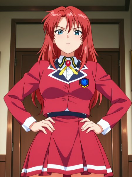 masterpiece, best quality, amazing quality, very aesthetic, absurdres, newest,shiny skin  anime screenshot,  anime coloring, looking at viewer,    <lora:AfterClassLesson:1>1girl, solo,redhairgirlnaked , red_hair school uniform,  ,  hands on own hips,