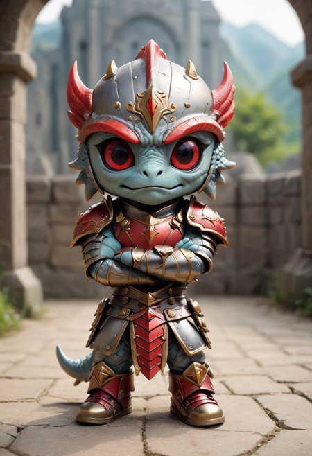 Cute little happy miniature chibi draghon with big comically bright red eyes, wearing armor and converse plated armor, arms crossed