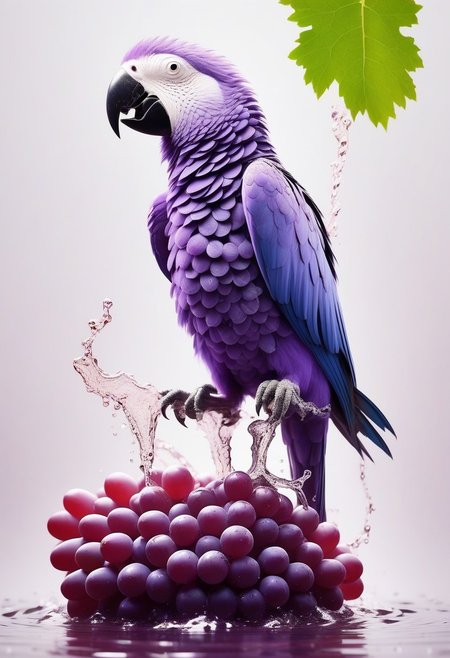 score_9, score_8_up, score_7_up, BREAK, realistic, photo, photorealistic,  parrot, walking on grapes, eating grapes, grape vines, grape bunches