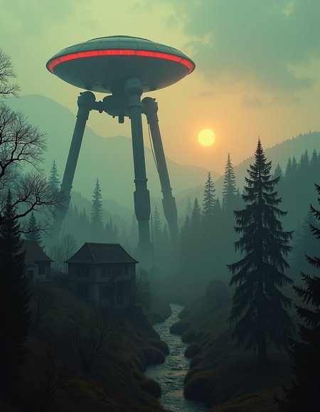 1980s science fiction movie film still, in the distance there is a giant tripod-robot with 3 legs and a flying-saucer like head with a glowing red ring around, stomping through a forest towering above the trees, in the foreground of the image is a detailed medival village, moody, eerie atmosphere, mist, sunrise piercing through, wide angle view from above, 4k, masterpiece,