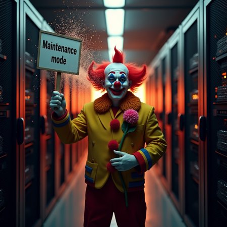 a server room with fire and sparks.
a clown with a flower on his lapel that sprays water towards the servers.
a closeup sign in his hand that says "maintenance mode"