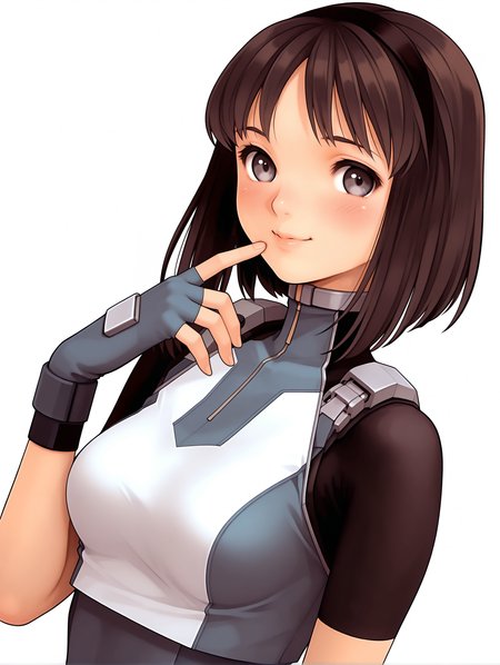 masterpiece,best quality,newest,
1girl,solo,
<lora:nagase_mari_ilxl_v1.0:1>,mari,black hair band,bob_cut,brown hair,grey eyes,
r_suit,turtleneck,skin tight,bodysuit,crop top,short sleeves,fingerless gloves,leotard,
<lora:Fixhands_anime_bdsqlsz_V1:1>,dynamic_angle,cinematic_angle,looking_at_viewer,upper_body,light_blush,simple_background,white_background,smile,finger to mouth,