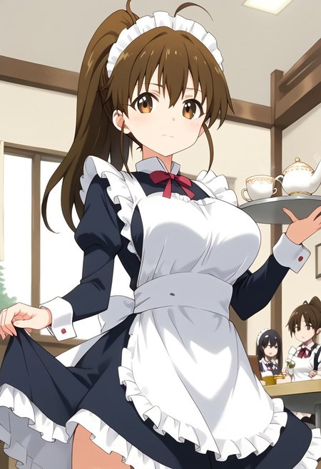score_9, score_8_up, score_7_up, score_6_up, score_5_up, score_4_up, epic-Ultra-HD-details, epic-Ultra-HD-highlights, 2.5D-upscaled-resolution, source_anime, digital-quality, semi-realism, physically-realistic, lit, cutesie,
afrobullstyle, 
BREAK source_anime, anime, best quality, masterpiece, rating_safe, uncensored, High quality, 8k, Ultra, 
BREAK (Restaurant, indoors),
BREAK  1girl, taneshima popura,ponytail,brown hair,ahoge,
maid, maid apron, maid headdress,long sleeves,tea,cup,tray,skirt lift,
BREAK ((cowboy shot)),(standing),(from below),(((from front))),
busty breasts,(large breasts:1.2), 
looking at viewer,hand in own hip,Blush, embarrassed,