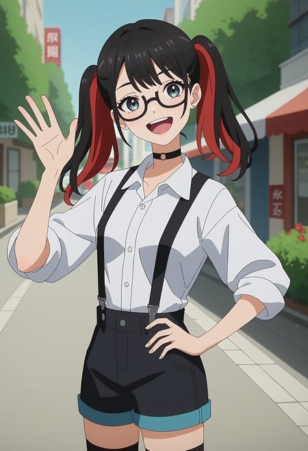 score_9, score_8_up, score_7_up, anime screencap, source_anime, 1girl, solo,
<lora:Nowa_Dress_up_Darling_V2:.85>, KJOnowa, grey eyes, black hair, multicolored hair, twintails, 
white shirt, black suspenders, black shorts, black thighhighs, choker, glasses
waving, hand on own hip, head tilt, open mouth, smile,
street, daytime, buildings, sidewalk,
(Beautiful, small Breasts:1.2),