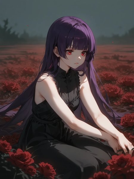 (score_9, score_8_up, score_7), 1girl,yuuko,purple hair, long hair, red eyes, blunt bangs, hime cut, black dress, sleeveless, bare shoulders, wariza sitting, flowers, dark, atmospheric,