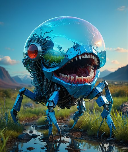 organic bioengineered creature angular living machine, teeth, brilliant colors, blue, full body, transparency, ziprealism, Cyberpunk, outdoors, water, reflections, grass, futuristic, technology, sci-fi, night, tech, 50 mm, 100, nuclear mushroom cloud, wires, cables, gadgets, Digital art, detailed, artstation, by James Turrell,  Golden hour,  morning, <lora:add-detail-xl:1> <lora:xl_more_art-full_v1:0.8>
