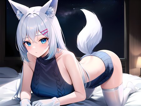 (masterpiece:1.3), (absurdres:1.3), (best quality:1.3), (ultra-detailed:1.3),(best shadow:0.7), (handled hair), (sharp eyeliner, eyeshadow, detailed eyes:1.1), pureerosface_v1, perfect anatomy, BREAK  <lora:MizukiMeridianProject_v1:0.3>, 1girl, solo, mizuki \(vtuber\), 1girl, solo, animal ears, blue eyes, glowingeyes, d-pad hair ornament, fox ears, hairclip, fox tail, multicolored hair, large breasts, white hair, very long hair, jewelry, bangs, blue hair, all fours, from above, <lora:virginKillerSweater_v12:0.7>, light blue sweater, virgin killer sweater, sideboob, backless outfit, white gloves, white thighhighs, BREAK bedroom, (darkness:1.2), night sky,