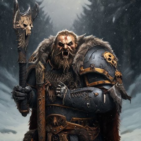 Space wolf warrior, wolf priest, chaplain, skull helmet, wolf skull helmet, wolf skull has a long snout that extends to the helmet mouth vent, the skull has fangs and glowing eyes, warrior with beard is in winter landscape, he is a werewolf space marine,  he as heavy scars, he has his huge runic hammer in his hands, portrait style, viking, norse, beard, clad in ripped furs and pieces of old worn space wolf armor, Black over black, top light, masterful painting in the style of Anders Zorn | Marco Mazzoni | Yuri Ivanovich, Todd McFarlane, oil on canvas
<lora:add-detail-xl:1> <lora:MJ52:0.5>