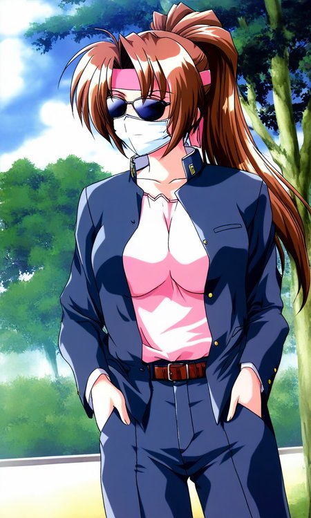 general,highres, ultra-detailed,very aesthetic,best quality ,best hands, BREAK  <lora:kudanshita_Maeka_Tokimeki_Memorial2_IS:1>
kudanshita_Maeka(Tokimeki_Memorial2), 1girl, solo, large breasts,
pink headband, outdoors, sunglasses, brown hair, mouth mask, mask, 
gakuran, ponytail, day, belt, hands in pockets,  tree,
sky, long hair, long sleeves, pants, cloud,