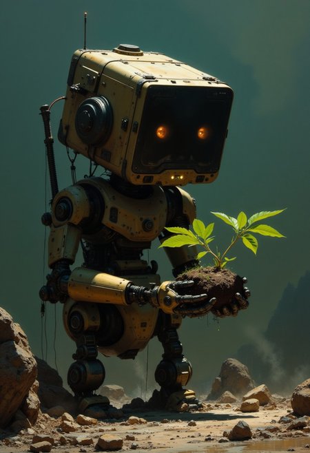 moody and dramatic oil painting of a cute boxy robot holding the last small plant in an apocalyptic landscape in its hands, visible brushstrokes, atmospheric haze
