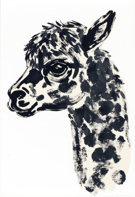 ArsMJStyle, Brushstrokes, painting of a alpaca's head. The artwork showcases the animal's face in profile, capturing its expressive and somewhat melancholic demeanor. The alpaca's fur is very detailed, fluffy and strands of hair meticulously depicted, giving a sense of depth and volume. The fur is predominantly black, creating a stark contrast against the white background. The alpaca's eyes are big, dark and soulful, gazing slightly off to the right. The overall tone of the image is somber, introspective and a bit sad. The artist's skillful use of shading and light gives the image a three-dimensional quality, making the alpaca's fur appear slightly rough, fluffy and the skin slightly wrinkled