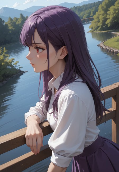 safe_pos, score_9, score_8_up, score_7_up, 26 years old,, zPDXL3, 1girl, solo, small breasts, purple hair, 
(upper body, face focus, close-up:1.1),  leaning forward, leaning onto railing, from side,
red eyes, long hair, nude, dutch angle, standing,
white blouse, purple skirt, wooden bridge, river, rolled up sleeves, blush, looking away,