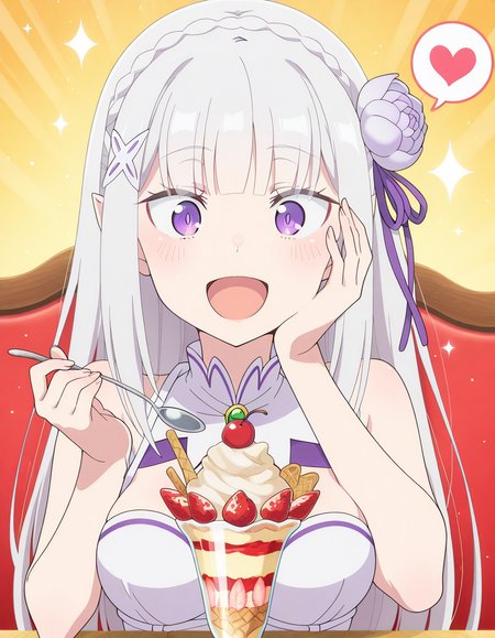 masterpiece, best quality, amazing quality,, <lora:rezero-emilia-s3-p1-illustriousxl-lora-nochekaiser:1>, emilia, braid, crown braid, flower, hair flower, hair ornament, hair ribbon, long hair, pointy ears, purple eyes, white hair, x hair ornament, breasts, anime screencap, <lora:parfait-illustriousxl-lora-nochekaiser:1>, parfait, open mouth, heart, food, sparkle, fruit, happy, hand on own face, spoken heart, ice cream, strawberry, spoon, hand on own cheek, cherry, holding spoon, , ,