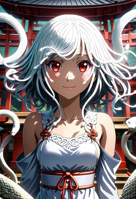 source anime, anime style, official art, "Sengoku Nadeko wrapped by a pale white snake around her, glowing under soft, eerie lighting, surrounded by detailed scales, mixed with a surreal and unsettling atmosphere, photorealistic textures." white_hair, red_eyes, medium_hair, snake_hair,  WHITE DRESS, looking at viewer, beautiful smile, japanese shrine, <lora:SDXLFaeTastic2400:0.4> <lora:extremely_detailed:0.4> extremely detailed, <lora:sn4ke:1>,sn4ke, Masterpiece,best quality,hi res,8k,hi res,8k,award winning,(sharp focus, intricate, highly detailed), rating:safe
