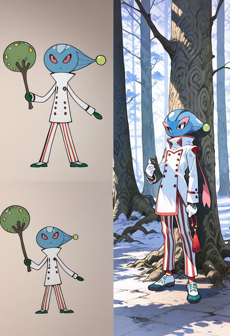 masterpiece, best quality,   gloves, long sleeves, 1boy, holding, standing, full body, male focus, shoes, striped, pants, white gloves, tree, pokemon (creature), buttons, white coat, striped pants   ,<lora:Pr0VsN00b:1.0>,