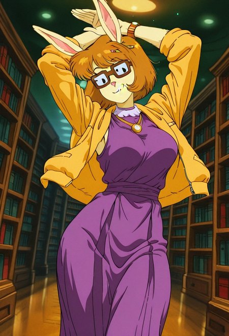PaigeTurnerMS, 1girl, solo, furry female, anthro, short hair, brown hair, bob cut, bangs, rabbit ears, black eyes, brown square glasses, pink snout, pencil on her hair,  yellow jacket, gold necklace, white collar, purple dress, gold watch, bracelets, large breast, thick thighs, brown shoes,
,seductive pose, sexy pose, tease, 
masterpiece, best quality, fine details, intricate details, depth of field, subsurface scattering, bokeh,
 ultra-detailed, very aesthetic, detailed background, newest, scenery, highres, absurdres, colorful, vibrant, glowing, perfect face, 2d, perfect eyes,  vibrant saturated colors, volumetric lighting, sharp, detailed eyes, perfect anatomy,  perfect face, perfect eyes, mature body, clear eyes, beautiful eyes, athletic, curvy body, athletic girl, perky tits, perfect tits, round breasts, pinup pose, teasing, lustful expression, perfect hands, 
muscular female, dutch angle, 
library,arms up, armpits, open mouth, licking lips, head tilt 
,Smooth Negative, Smooth_Quality,
90s_anime_aesthetic, 1990s (style), dark_fantasy_style, dark fantasy, retro,, retro artstyle